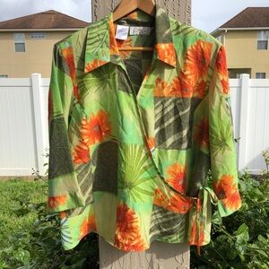 Kathy Che Women's Blouse Wrap Top Long Sleeve Shirt Floral Green Tropical 18